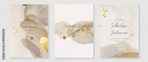 Abstract art background vector. Luxury invitation card background with golden line art and Watercolor brush texture. Vector invite design for wedding and vip cover template.