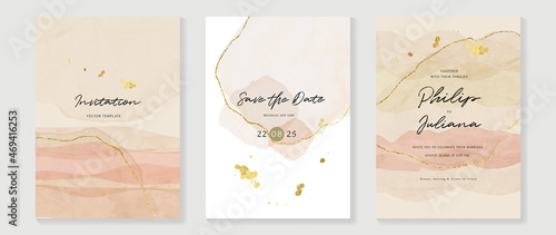 Abstract art background vector. Luxury invitation card background with golden line art and Watercolor brush texture. Vector invite design for wedding and vip cover template.