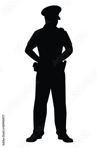 Standing policeman silhouette vector on white background, cop, officer in public.