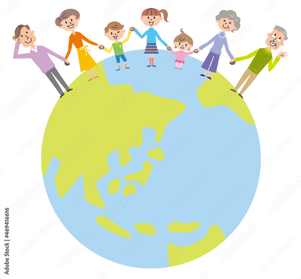 3世代家族手つなぎ地球イラストstock Illustration Adobe Stock