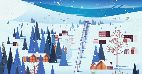 cableway in snowy mountains residential houses area ski resort christmas new year holidays celebration winter vacation
