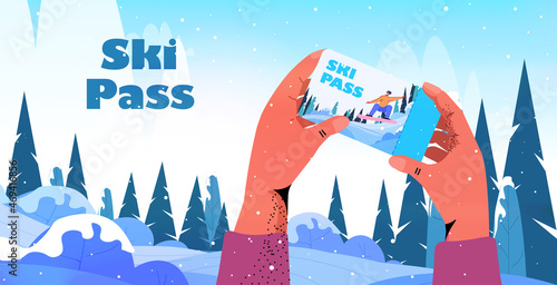 man snowboarding guy doing activities on smartphone screen christmas new year holidays ski pass winter vacation