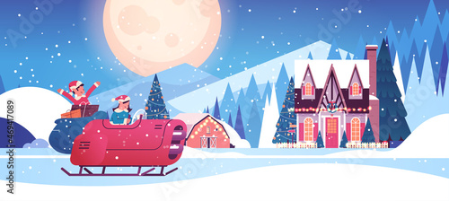 elves driving sleigh car with gifts merry christmas happy new year winter holidays celebration concept