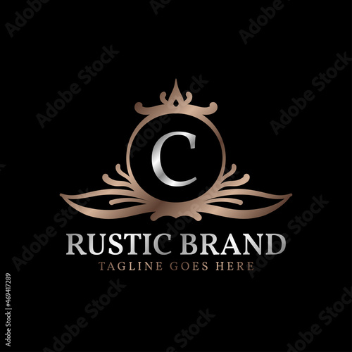 letter C luxurious rustic crest logo badge for beauty care, wedding organizer, hotel and cottage