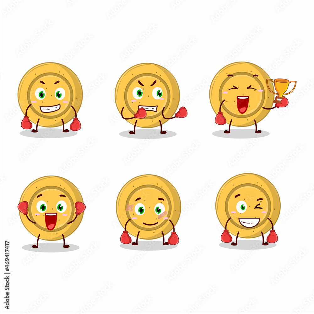 A sporty dalgona candy circle boxing athlete cartoon mascot design A sporty dalgona candy circle boxing athlete cartoon mascot design