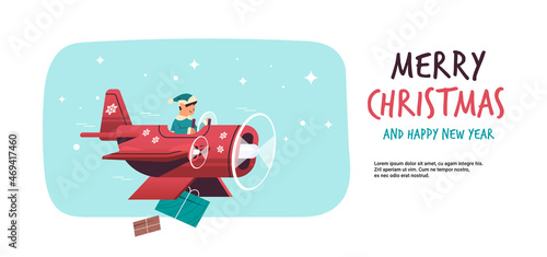 elf flying airplane with gifts merry christmas happy new year winter holidays celebration concept horizontal
