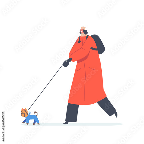 Young Woman Walking with Playful Dog at Cold Weather, Female Character Walk with Pet Isolated on White Background