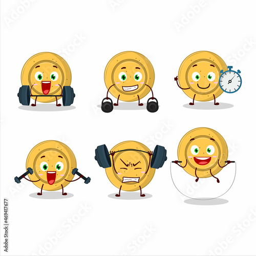 A healthy dalgona candy circle cartoon style trying some tools on Fitness center