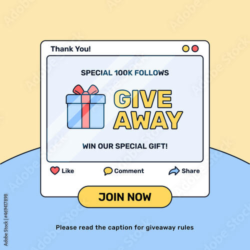 Online shop giveaway event social media poster promotion with gift box and modern digital computer user interface vector illustration