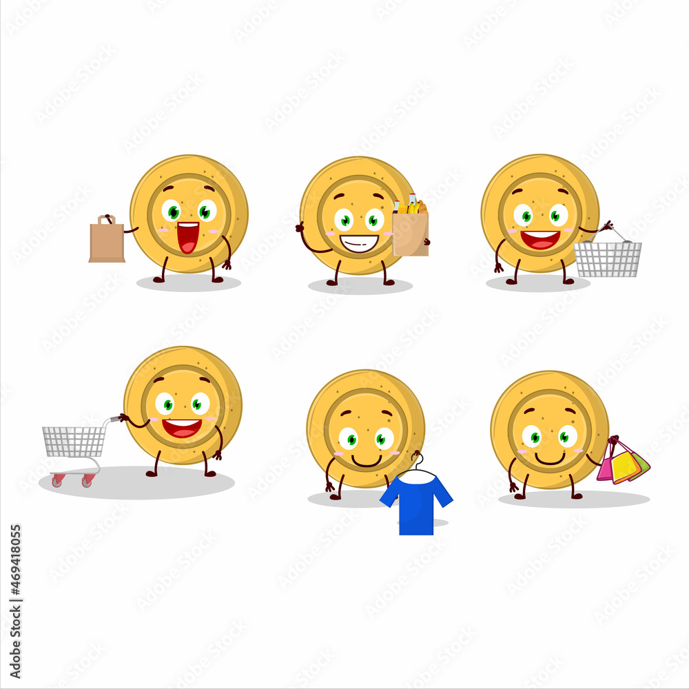 A Rich dalgona candy circle mascot design style going shopping A Rich dalgona candy circle mascot design style going shopping