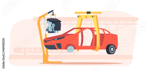 Car Factory, Automobile Production Industry with Vehicle Body Hang on Robotics Arm. Automotive Manufacture Line