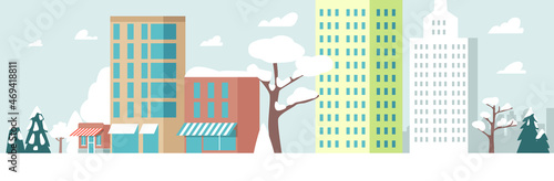 Winter Cityscape View. City Street with Skyscraper Buildings and Stores. Panoramic Scene with Modern Houses and Shops
