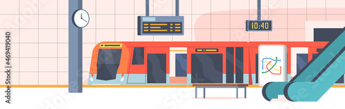 Metro Station Interior with Train and Elevator, Empty Subway Platform with Map, Clock and Bench, Underground Design
