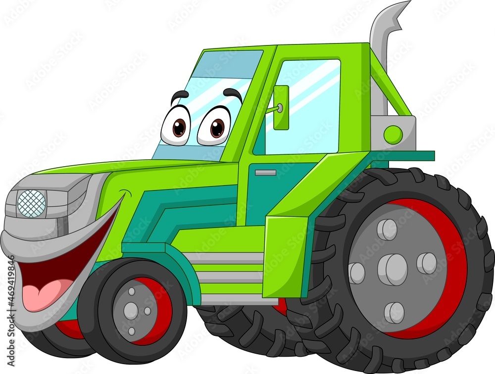 Obraz premium Cartoon funny green tractor mascot character