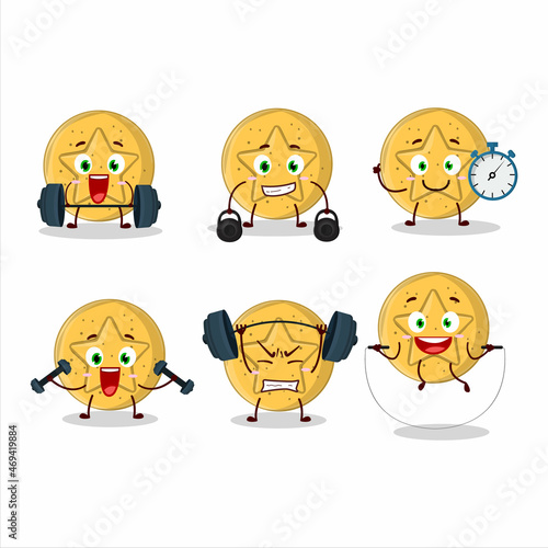 A healthy dalgona candy star cartoon style trying some tools on Fitness center