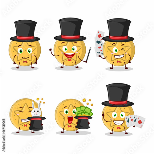 A dalgona candy star Magician cartoon character perform on a stage