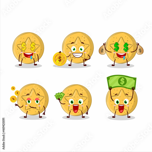 Fototapeta Naklejka Na Ścianę i Meble -  Dalgona candy star cartoon character with cute emoticon bring money