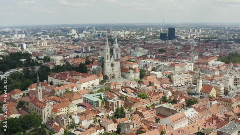 Zagreb Cathedral and Historic City Center, famous landmarks of Capital of Croatia - aerial drone shot Zagreb Cathedral and Historic City Center, famous landmarks of Capital of Croatia - aerial drone shot