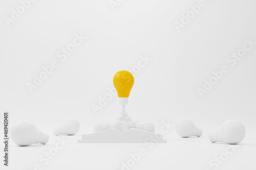 Creative thinking ideas and innovation concept. Rocket light bulb flying on group of another lightbulb and book. 3d render illustration