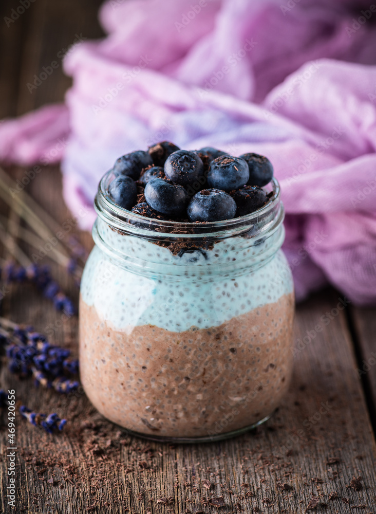Healthy chia pudding with blueberries in jar on the rustic background. Selective focus. Shallow depth of field. Healthy chia pudding with blueberries in jar on the rustic background. Selective focus. Shallow depth of field.