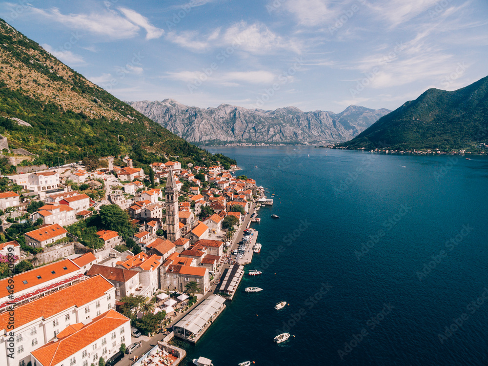 Red tiled roofs of houses in Perast on the shore of the Kotor Bay. Montenegro