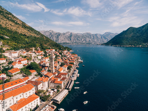 Red tiled roofs of houses in Perast on the shore of the Kotor Bay. Montenegro