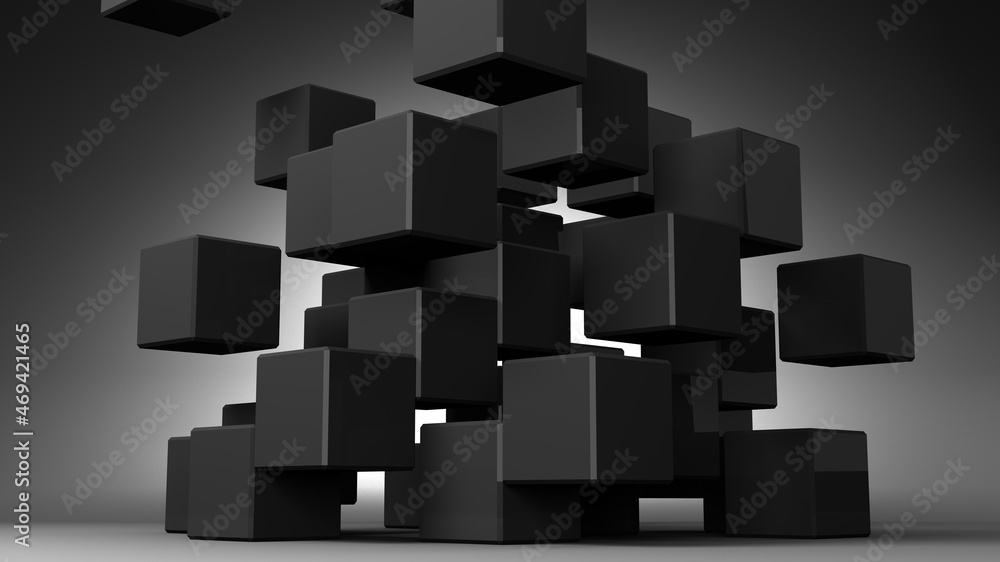Black cubes abstract on black background.
3D abstract illustration. Black cubes abstract on black background.
3D abstract illustration.