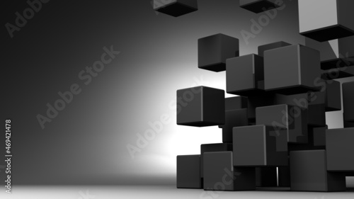 Black cubes abstract on black text space. 3D abstract illustration. 