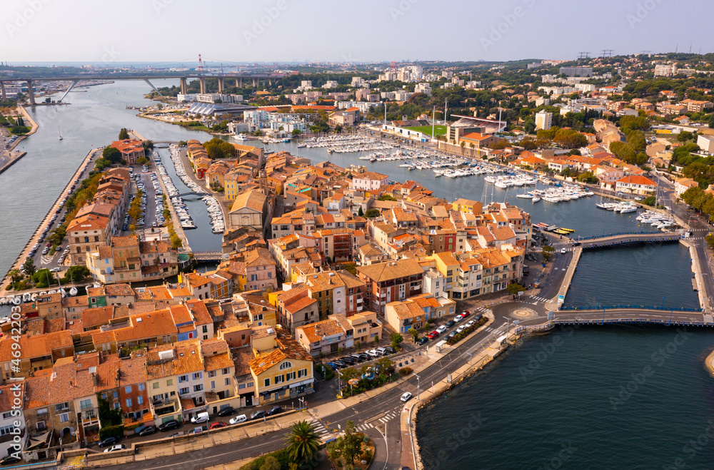 Drone view of the administrative center of the city of Martigues, located on the Mediterranean coast, in the south-east of ..France