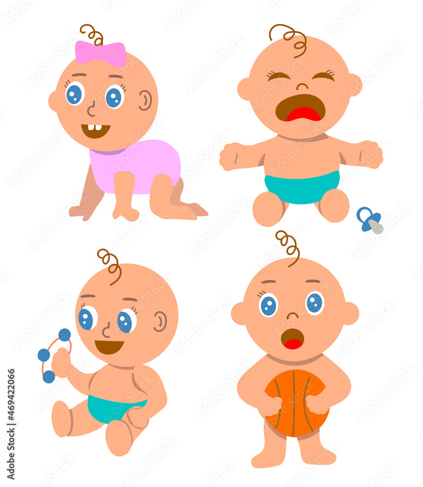 Naklejka premium Set of cute babies playing. Different emitions and poses