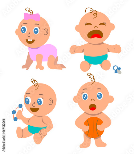 Set of cute babies playing. Different emitions and poses