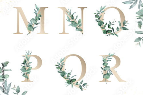 Watercolor floral alphabet set of m, n, o, p, q, r with hand drawn Foliage