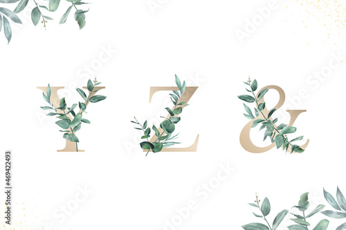 Watercolor floral alphabet set of y, z, and with hand drawn Foliage