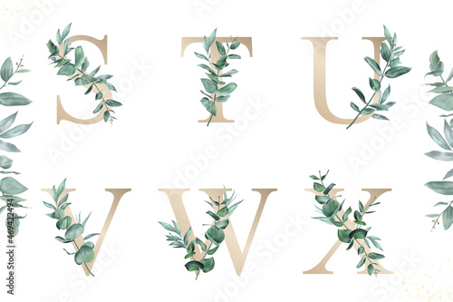 Watercolor floral alphabet set of s, t, u, v, w, x with hand drawn Foliage