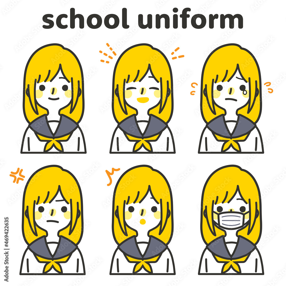 人物イラスト_女子高生表情セット_ツートン