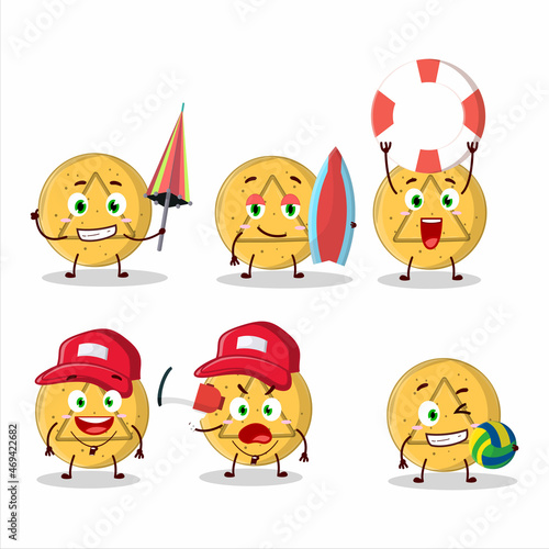 Happy Face dalgona candy triangle cartoon character playing on a beach