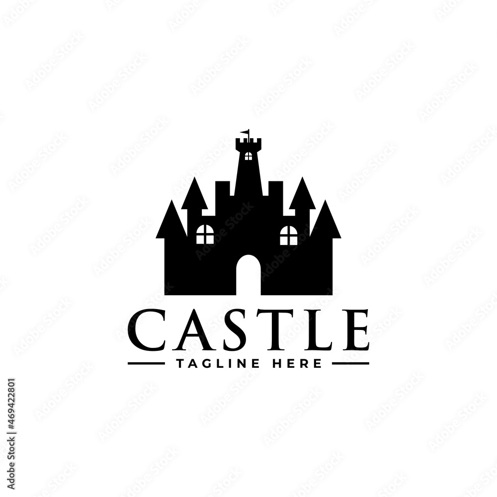 Authentic Castle tower and shield silhouette for real estate, protect systems