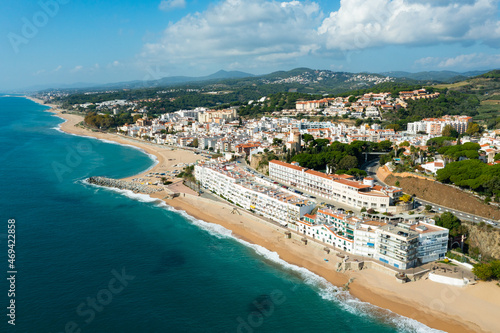 Drone view of the resort town of San Paul de Mar, located in the hills along the coast of Catalonia, Spain