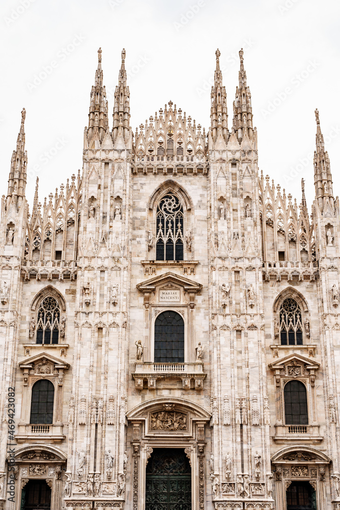 Facade of the Duomo Cathedral from the central entrance. Italy, Milan