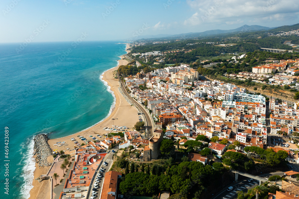 Townscape of Sant Pol de Mar, Maresme region, Catalonia, Spain. View of sea coast and beach.