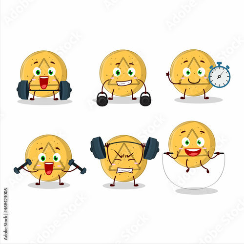 A healthy dalgona candy triangle cartoon style trying some tools on Fitness center