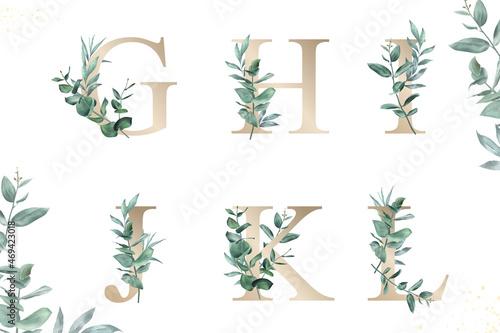 Watercolor floral alphabet set of g, h, i, j, k, l with hand drawn Foliage