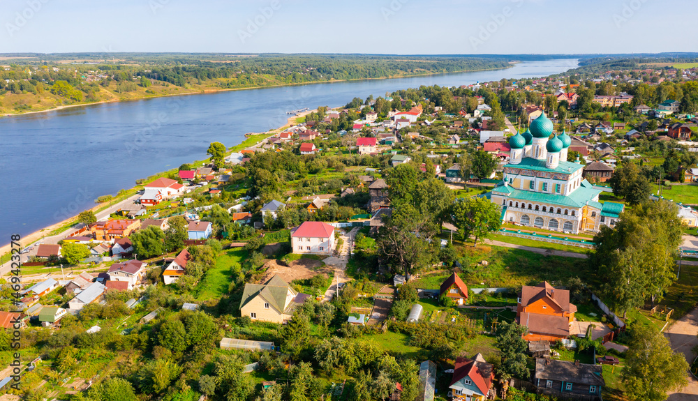 Drone view of the Resurrection Cathedral and residential areas near the Volga River in the city of Tutaev, Russia