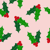holly christmas seamless pattern hand drawn doodle. vector, minimalism. winter.