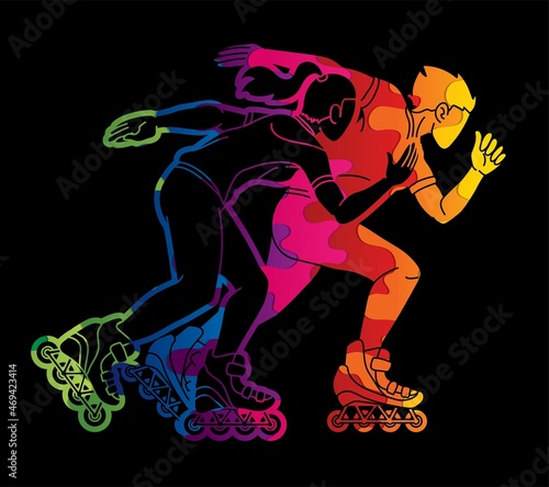 Group of Roller blade Players Action Extreme Sport Cartoon Graphic Vector