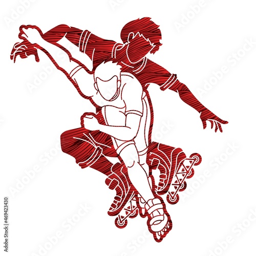 Group of Roller blade Players Action Extreme Sport Cartoon Graphic Vector