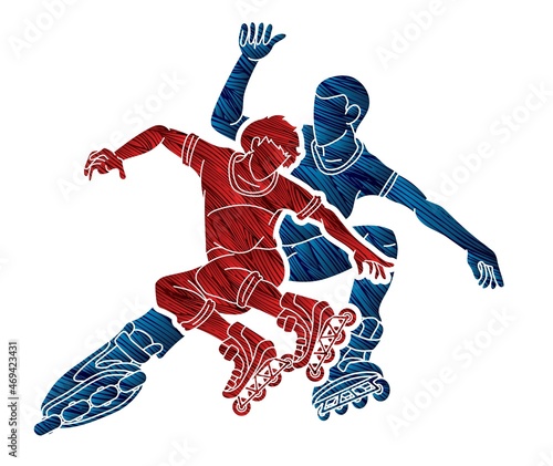 Group of Roller blade Players Action Extreme Sport Cartoon Graphic Vector