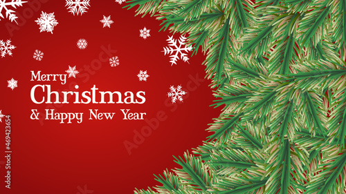 Merry Christmas and Happy New Year Season Wishes and Border of Realistic Looking Christmas Tree Branches. Christmas card. Vector Illustration for backdrop, banner, poster, newsletter, advertisement.