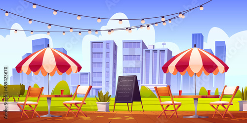 Summer cafe at outdoor terrace, city coffeehouse with wooden tables, chairs and umbrella, plants and chalkboard menu on cityscape view. Street drinks and snacks cafeteria, Cartoon vector illustration