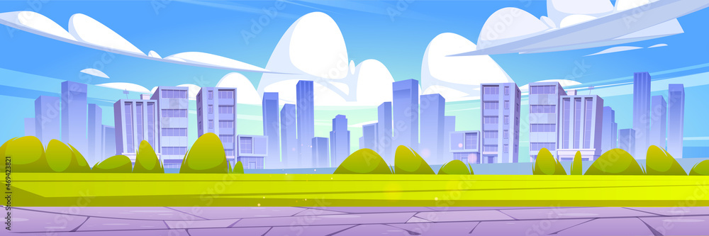 Obraz premium City skyline, summer urban view background with skyscrapers, green lawn and pathway. Summertime cityscape. downtown with architecture with residential buildings panorama, Cartoon vector illustration